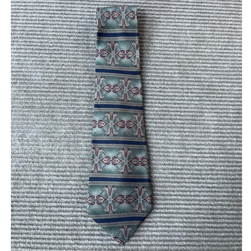 Louis Feraud Mens Tie Sage Green Navy Burgundy Geometric Italian Silk USA Made